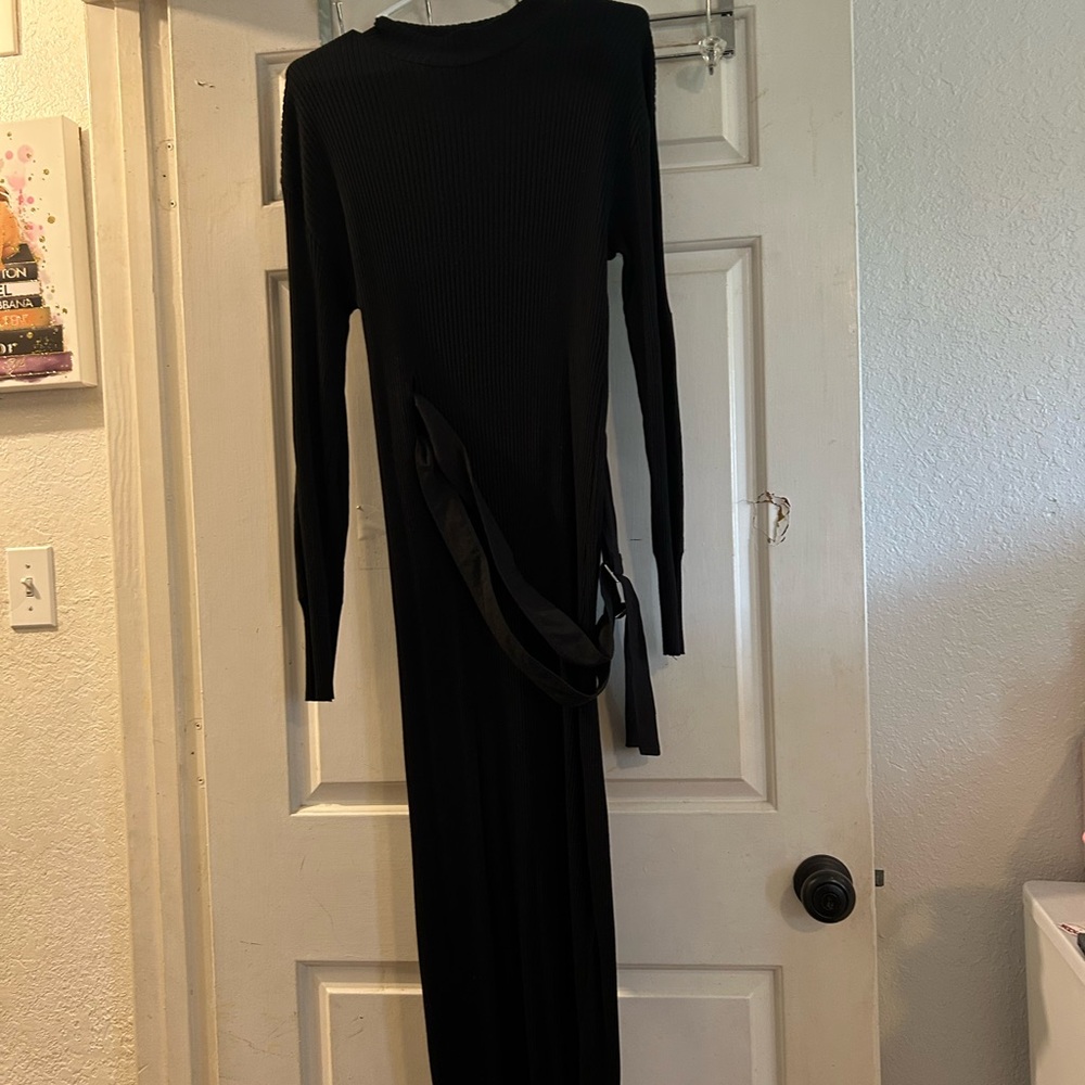 Zara Black Ribbed Long-Sleeve Maxi Dress with Waist Tie